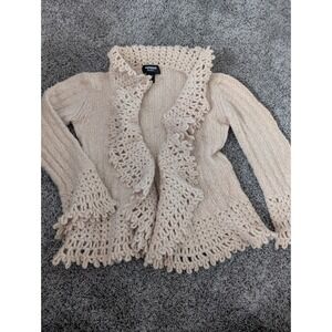 Express Handknit Wool Cardigan Cream Crochet Ruffle Open Front Bell Sleeve L Y2K